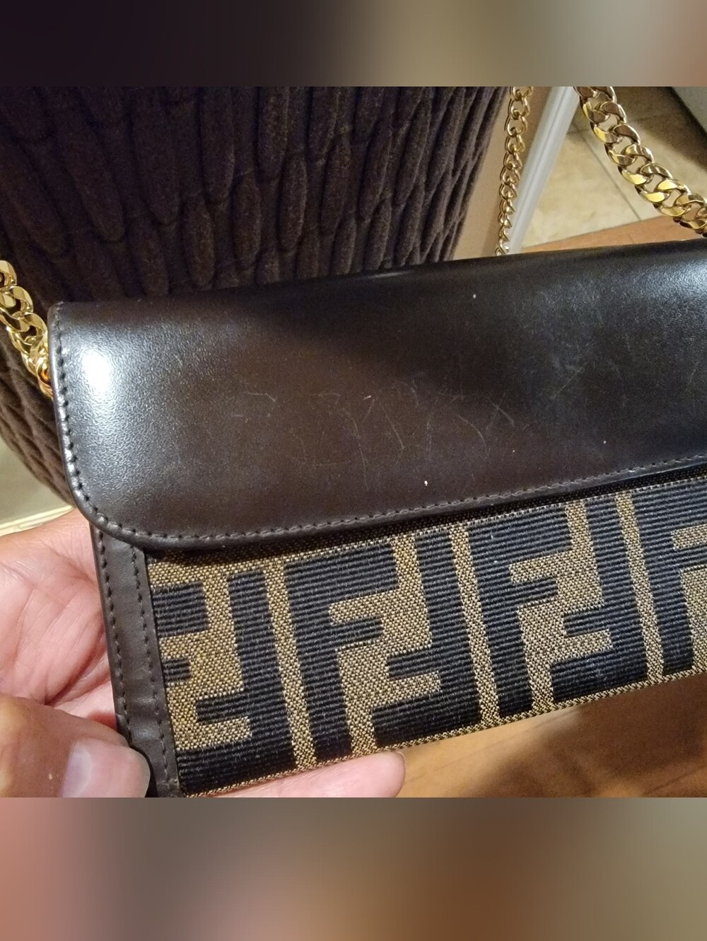 Fendi Black Leather & Brown Zucca Canvas Wallet/ Unbranded Chain